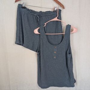 Slate Blue Grey Waffleknit Two Piece Tank Shorts Lounge Set Size Large Plus